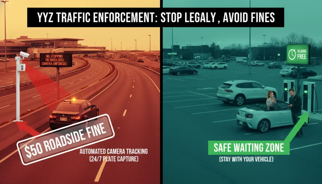 Split-screen diagram showing a vehicle getting photographed by an automated enforcement camera on a YYZ approach road versus drivers waiting safely in the free Pearson Cell Phone Lot.