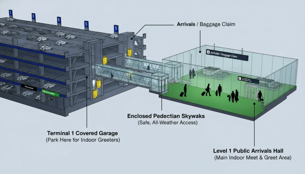 3D cross-section diagram of Toronto Pearson Terminal 1 parking garage showing levels, pedestrian skywalks, and the indoor Arrivals greeting hall.