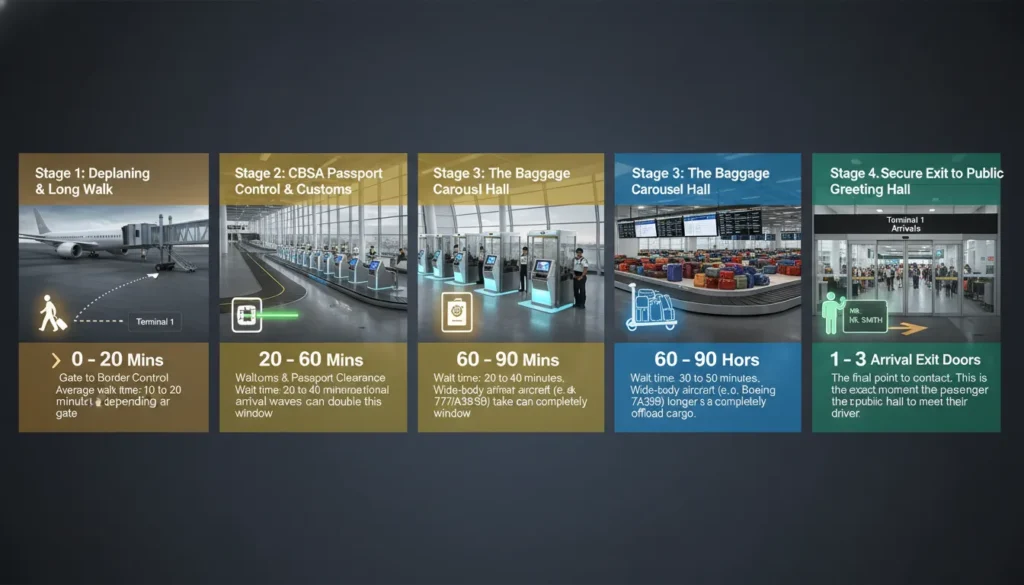 Timeline diagram mapping the Toronto Pearson Terminal 1 international passenger arrival process from landing and customs clearance to baggage claim and public exit.