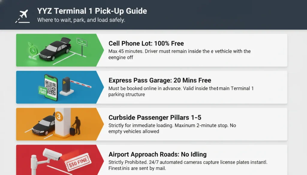 Comparison chart of Toronto Pearson Terminal 1 pickup zones showing free Cell Phone Lot, Express Pass parking rates, and curbside rules for drivers.