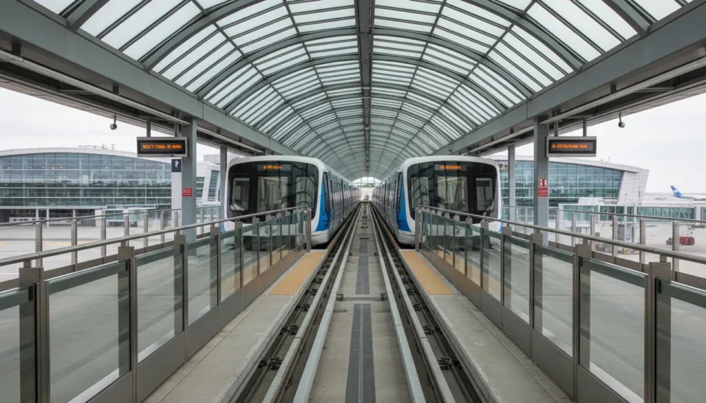 The automated, free Terminal Link Train sitting at the platform connecting Terminal 3 to Terminal 1.