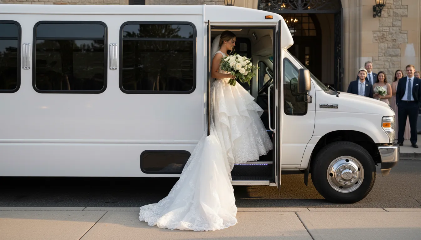 A bride in a full ballgown wedding dress comfortably steps onto a luxury limo bus through an extra-wide door with low step-in clearance.