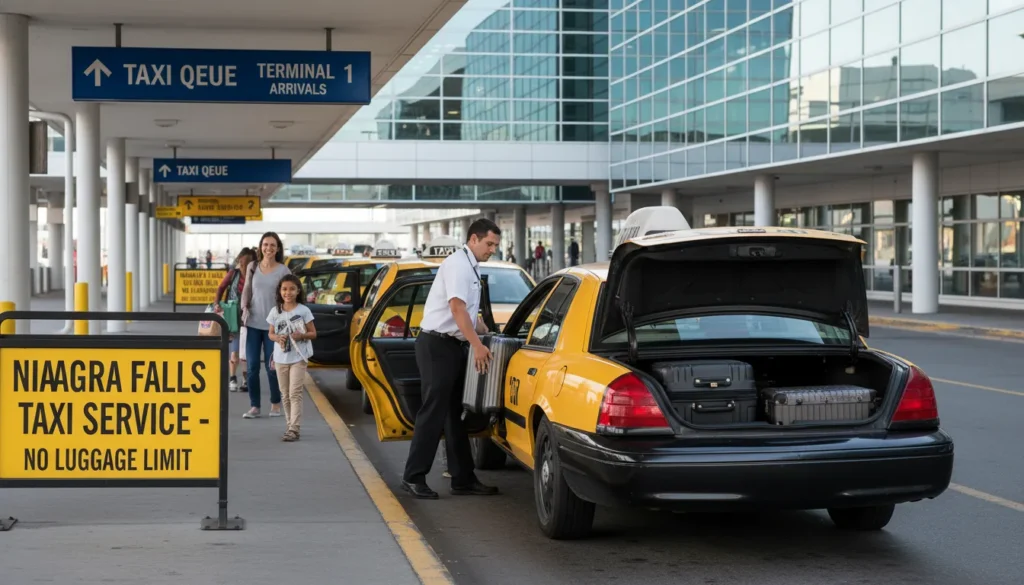 Line of traditional taxis parked at Pearson Airport taxi stand with luggage being loaded into trunk and airport terminal in background