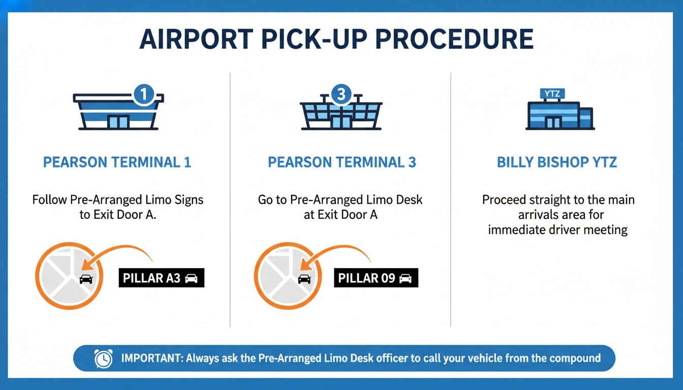 Infographic detailing airport pick-up procedures for Pearson Terminal 1, Terminal 3, and Billy Bishop YTZ.