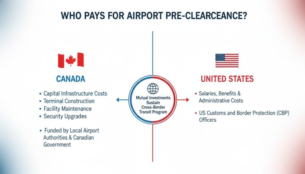 ) Infographic showing the division of airport pre-clearance costs between Canada and the United States.
