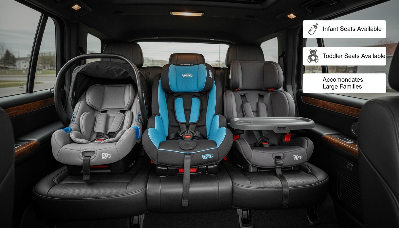Three child safety car seats arranged in the rear seat of a spacious airport service vehicle.