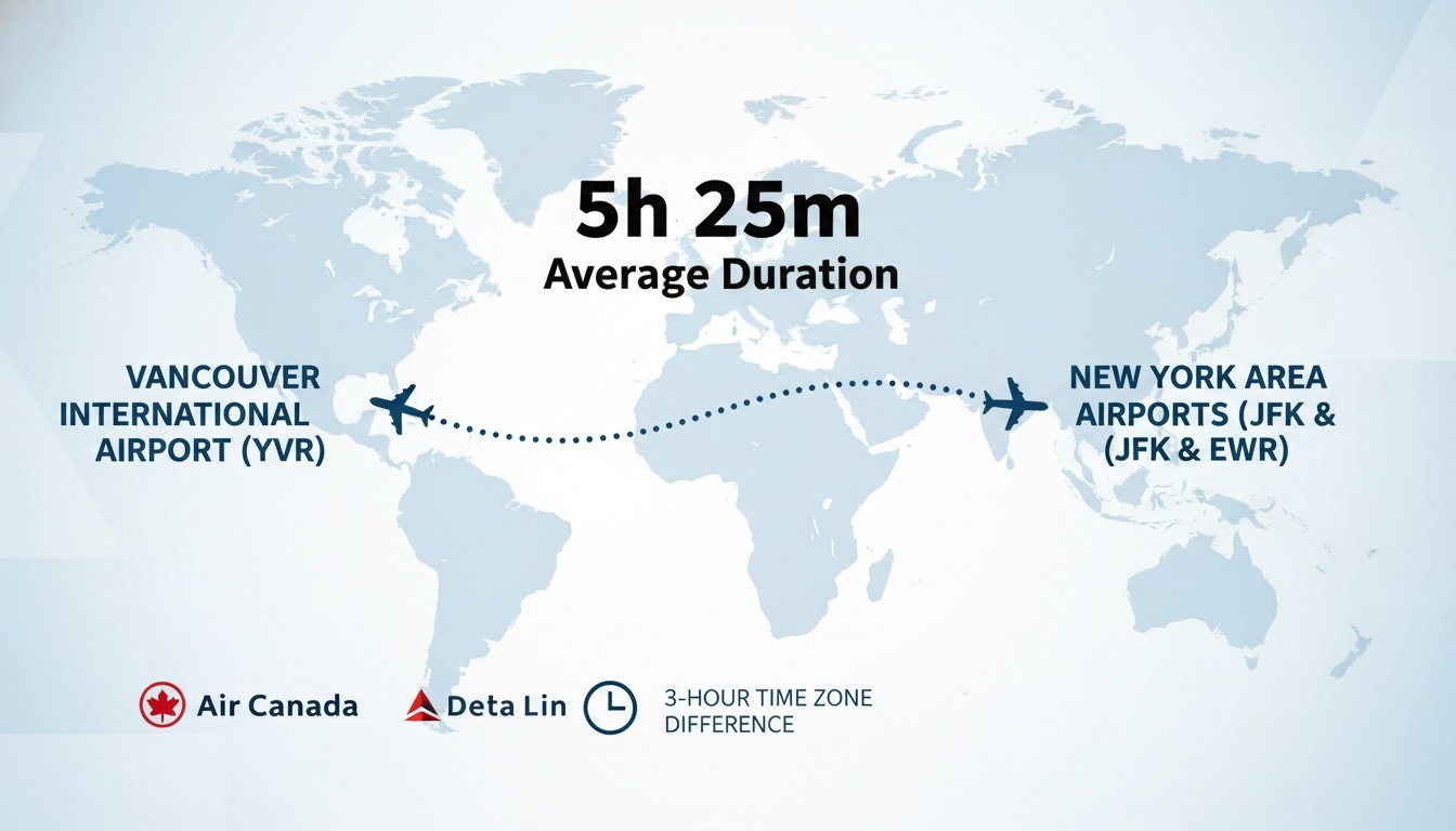 A world map infographic detailing flight path and average duration between Vancouver and New York airports.