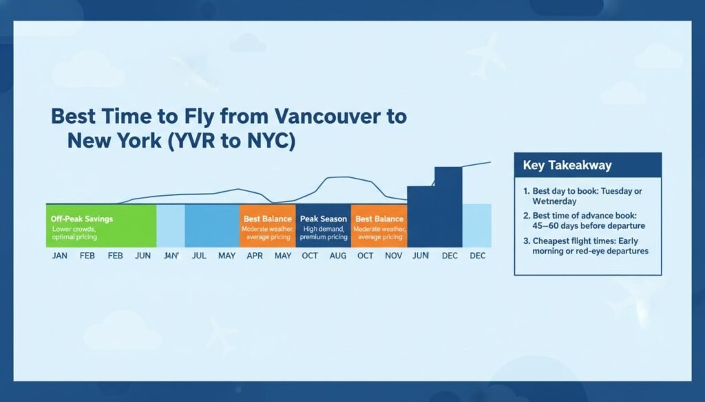An infographic showing the best times to fly from Vancouver to New York, detailing off-peak and peak seasons.