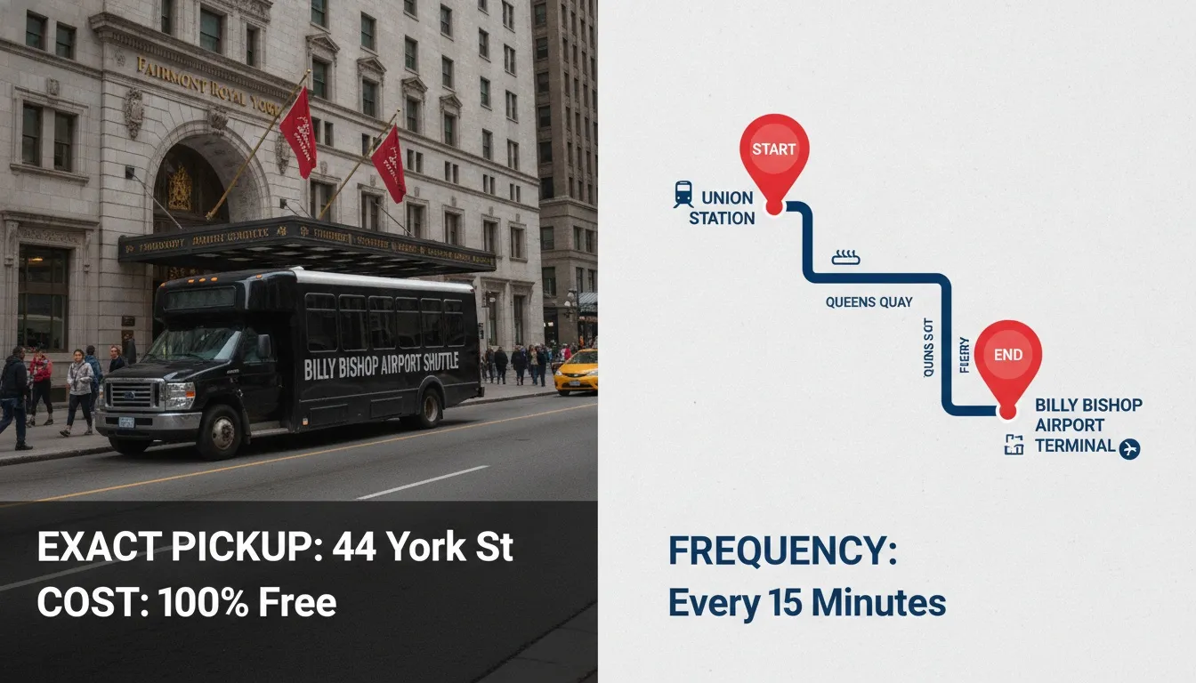 A black airport shuttle bus parked outside Fairmont Royal York on York Street beside a route map.