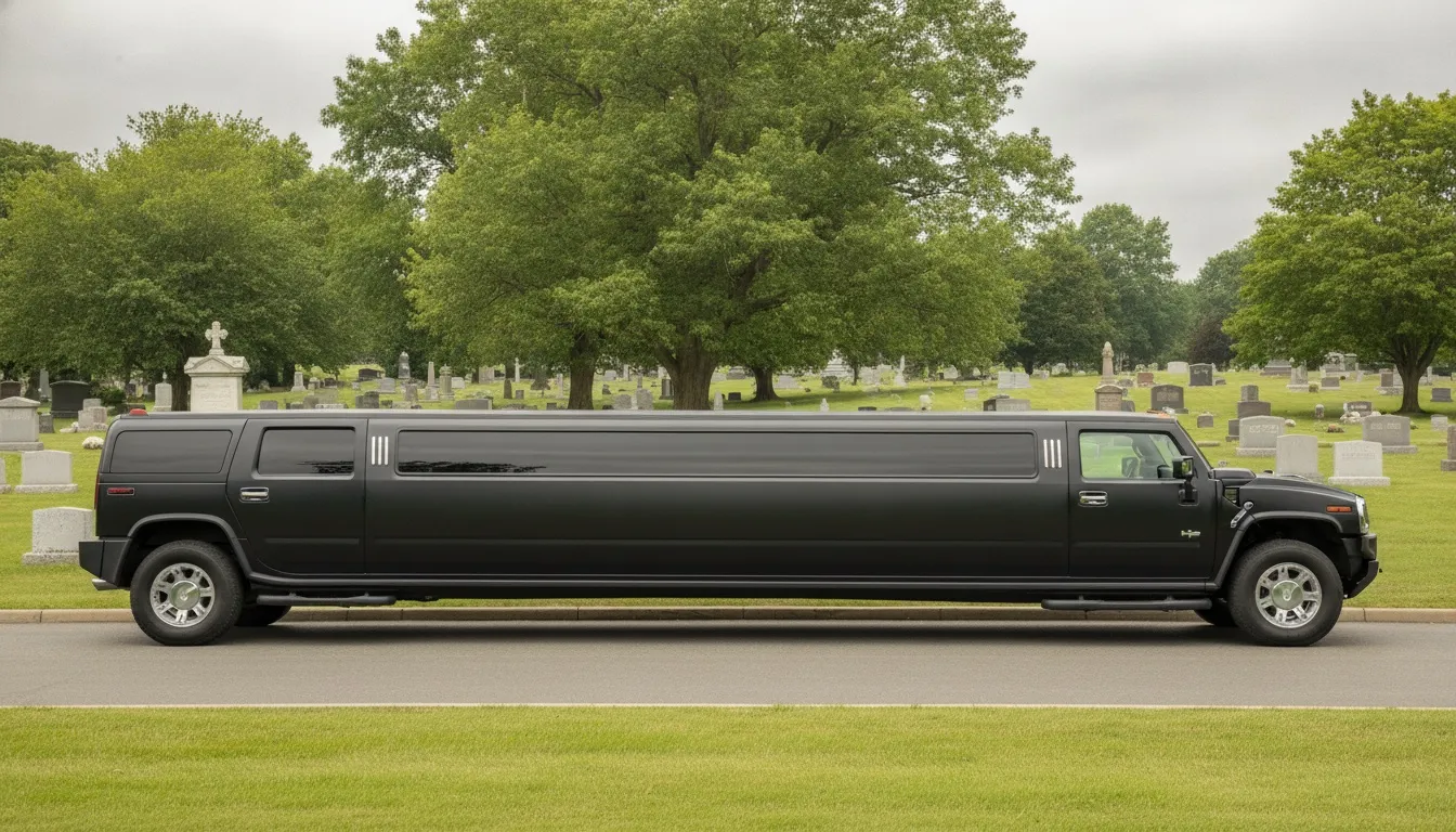 A long black stretch Hummer limousine parked on an asphalt road next to a green cemetery lawn.