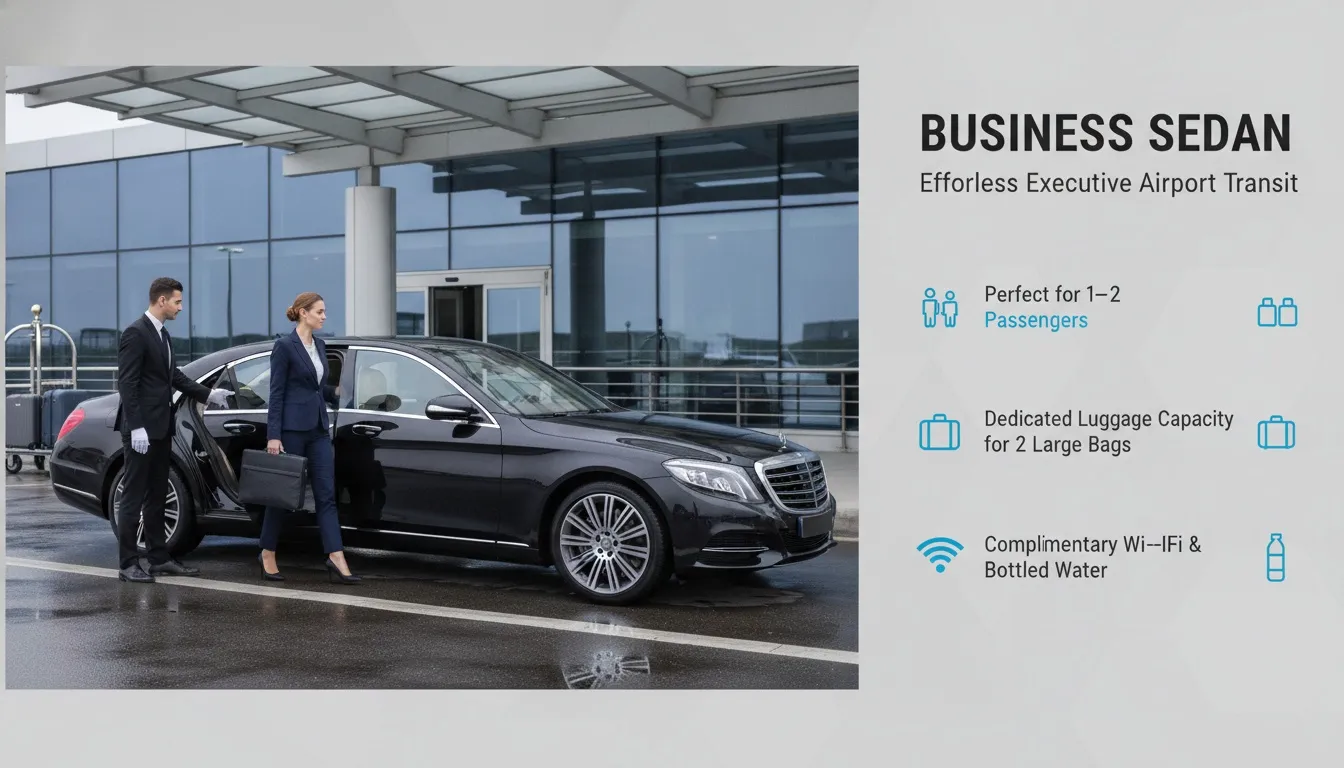 Chauffeur opening the door of a black Mercedes-Benz S-Class sedan for a business woman in Toronto.