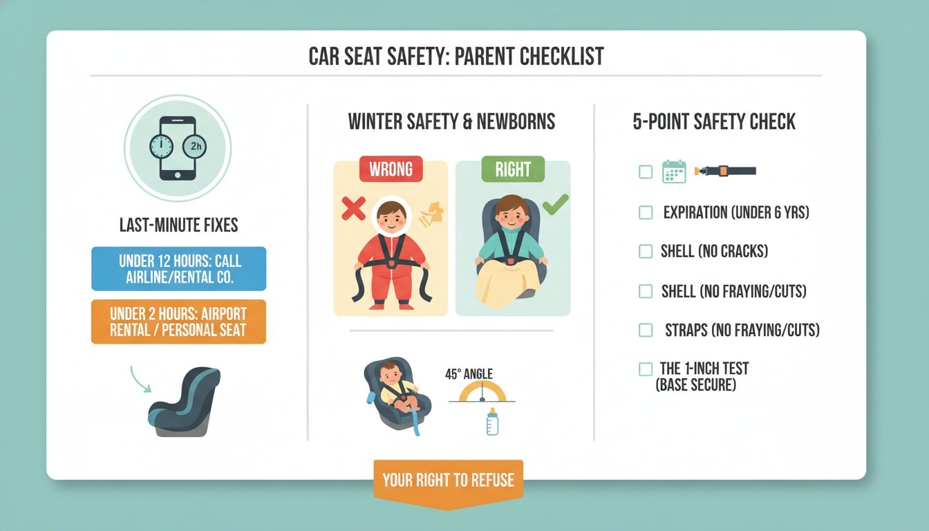An educational infographic outlining key car seat safety rules, winter harnessing tips, and a five-point checklist.