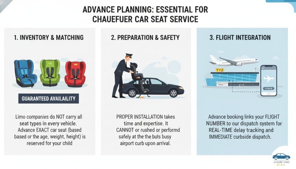 An infographic highlighting inventory matching, preparation, safety, and flight integration for airport car seat services.