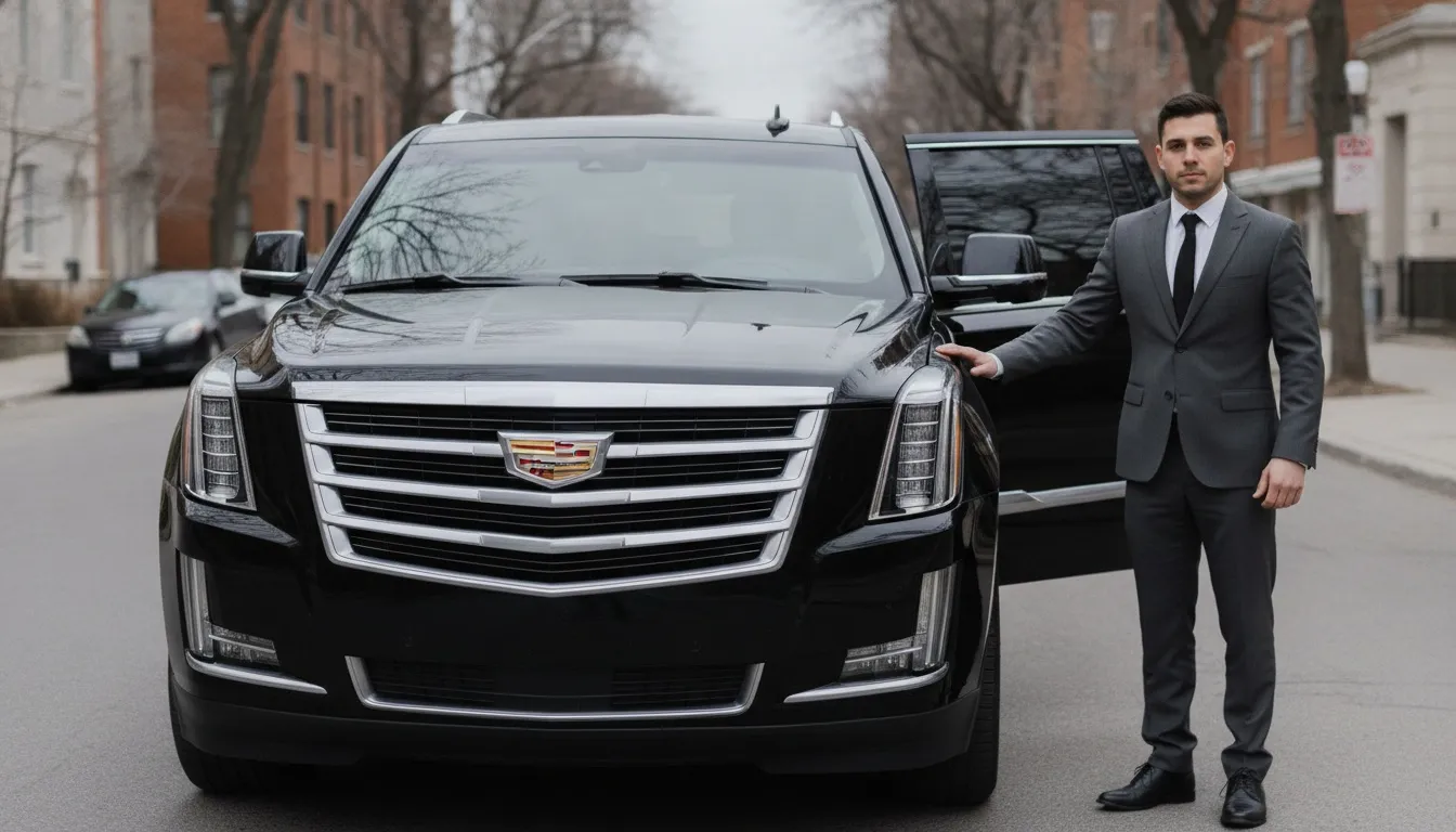 A professional chauffeur in a grey suit standing next to an open-door black Cadillac Escalade luxury SUV.