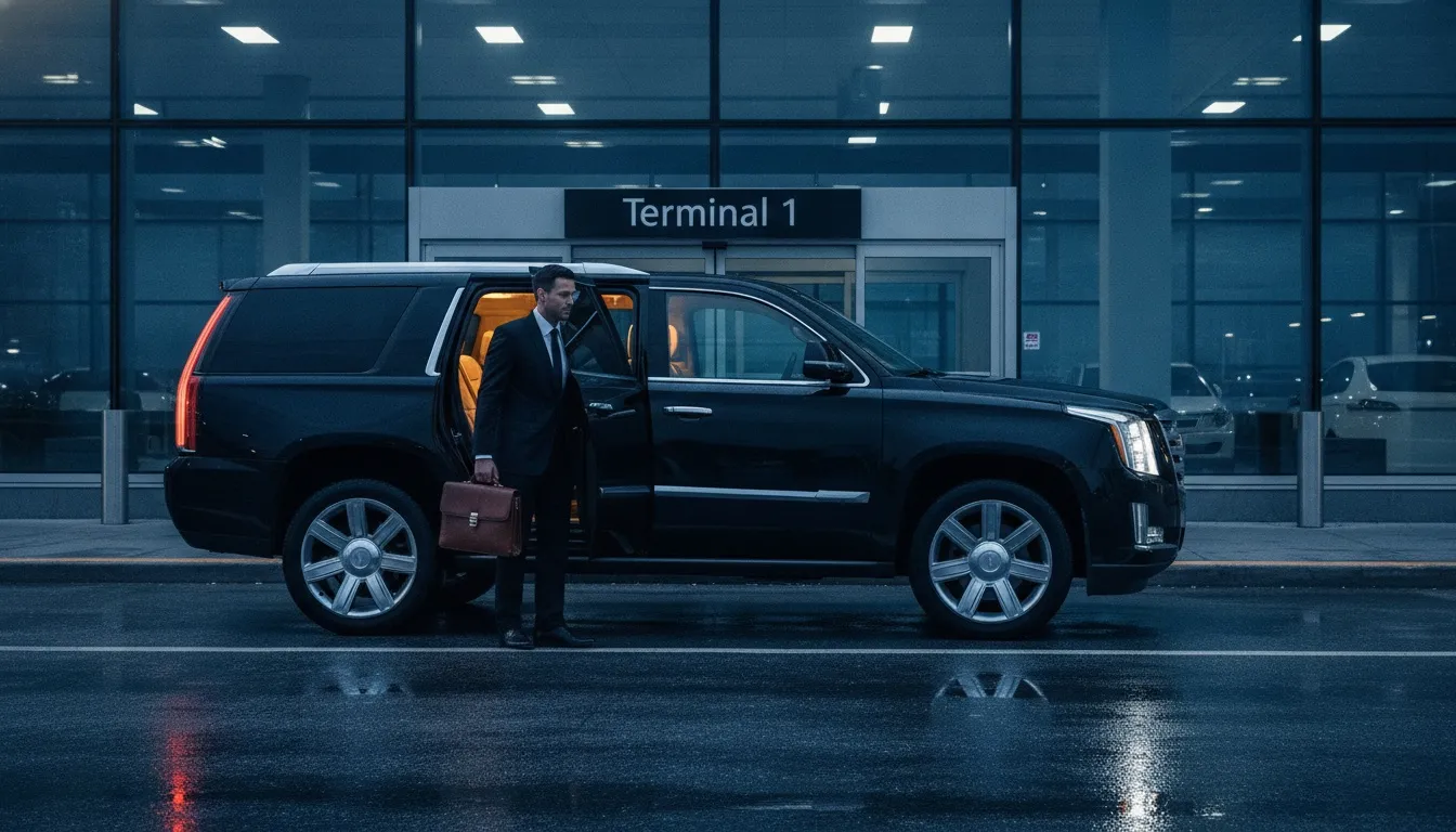 A businessman holding a briefcase steps out of a black luxury SUV at Terminal 1.