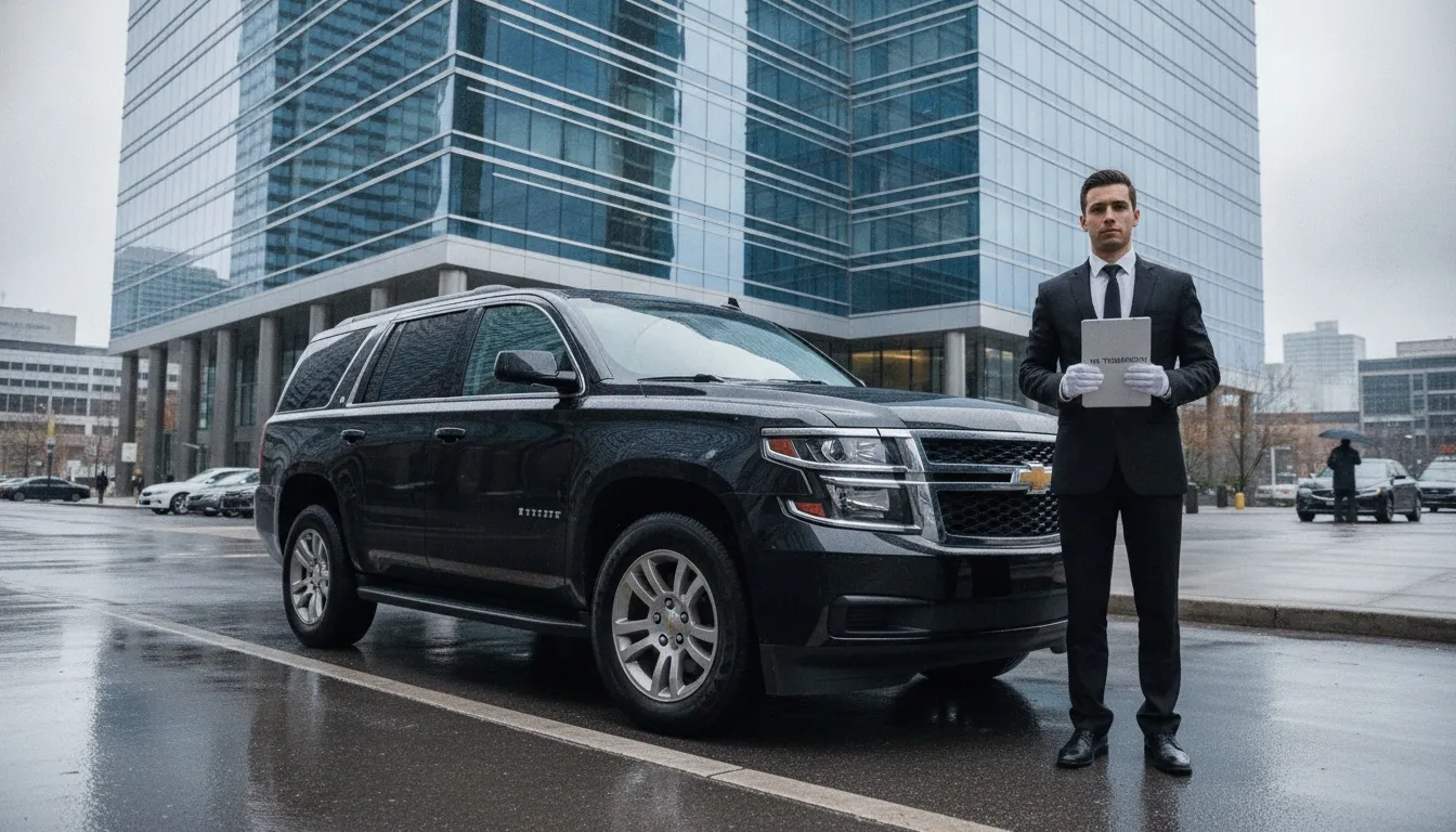 A professional corporate chauffeur in a suit standing next to a black SUV limo in Downtown Toronto.