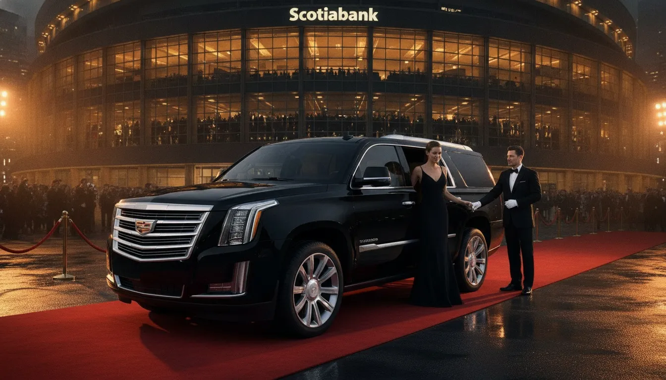 Black luxury Cadillac SUV on a red carpet outside Scotiabank Arena with a chauffeur and elegant passenger.