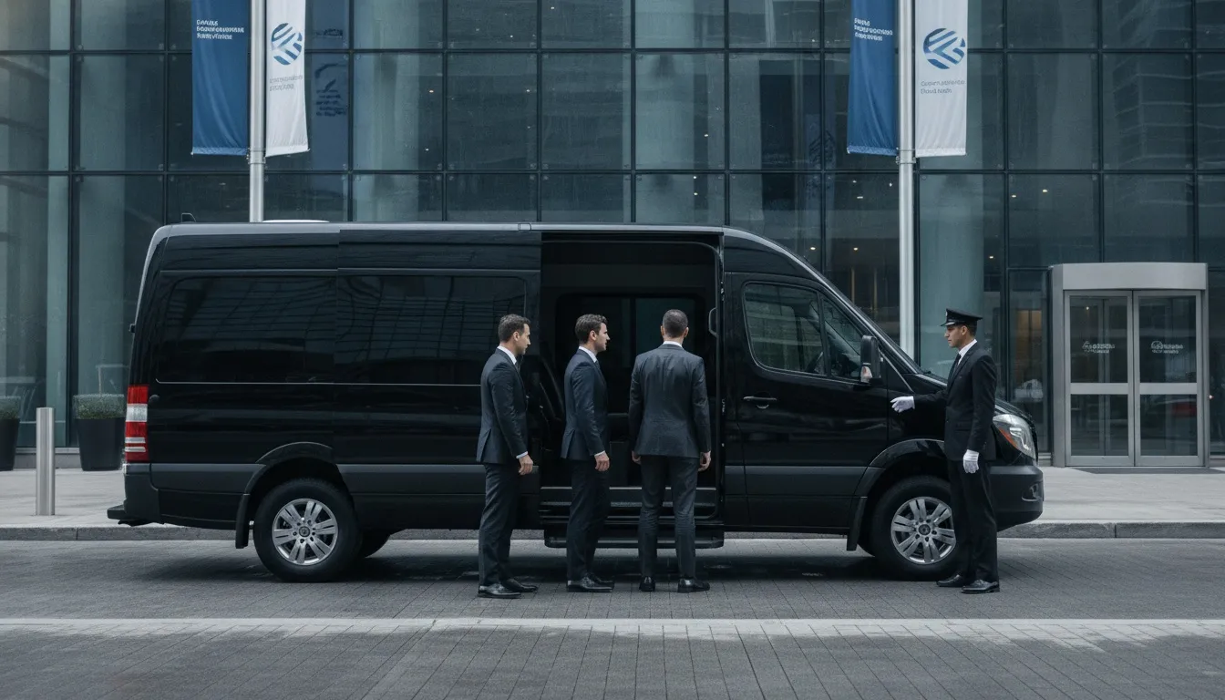 A chauffeur assists three businessmen in suits boarding a premium black luxury van in downtown Toronto.