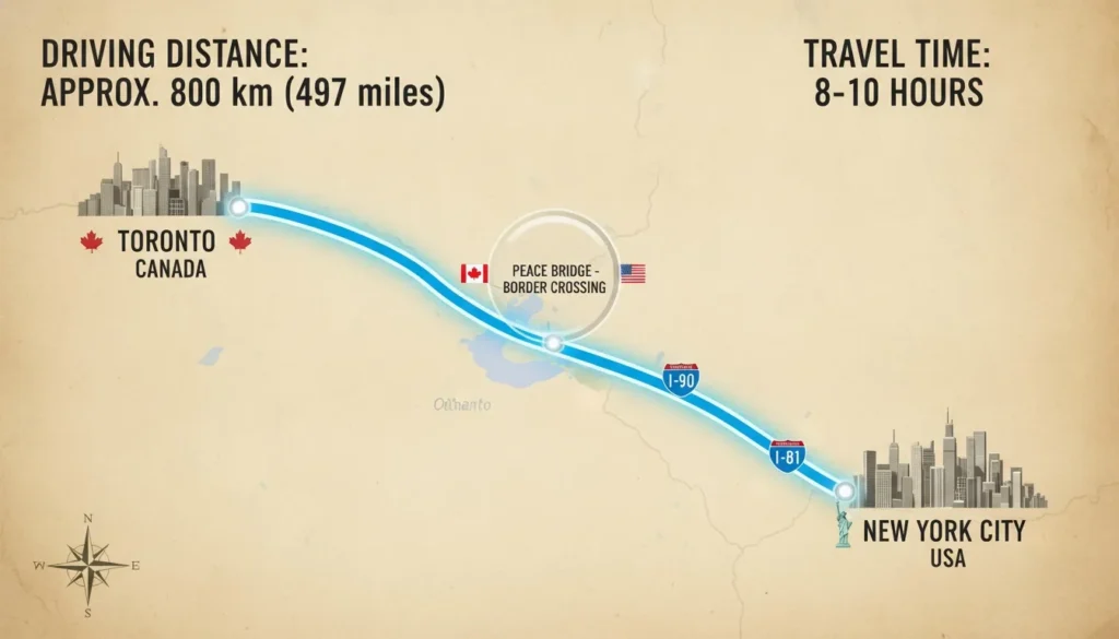 Map illustration detailing the driving route and travel time from Toronto, Canada to New York City.