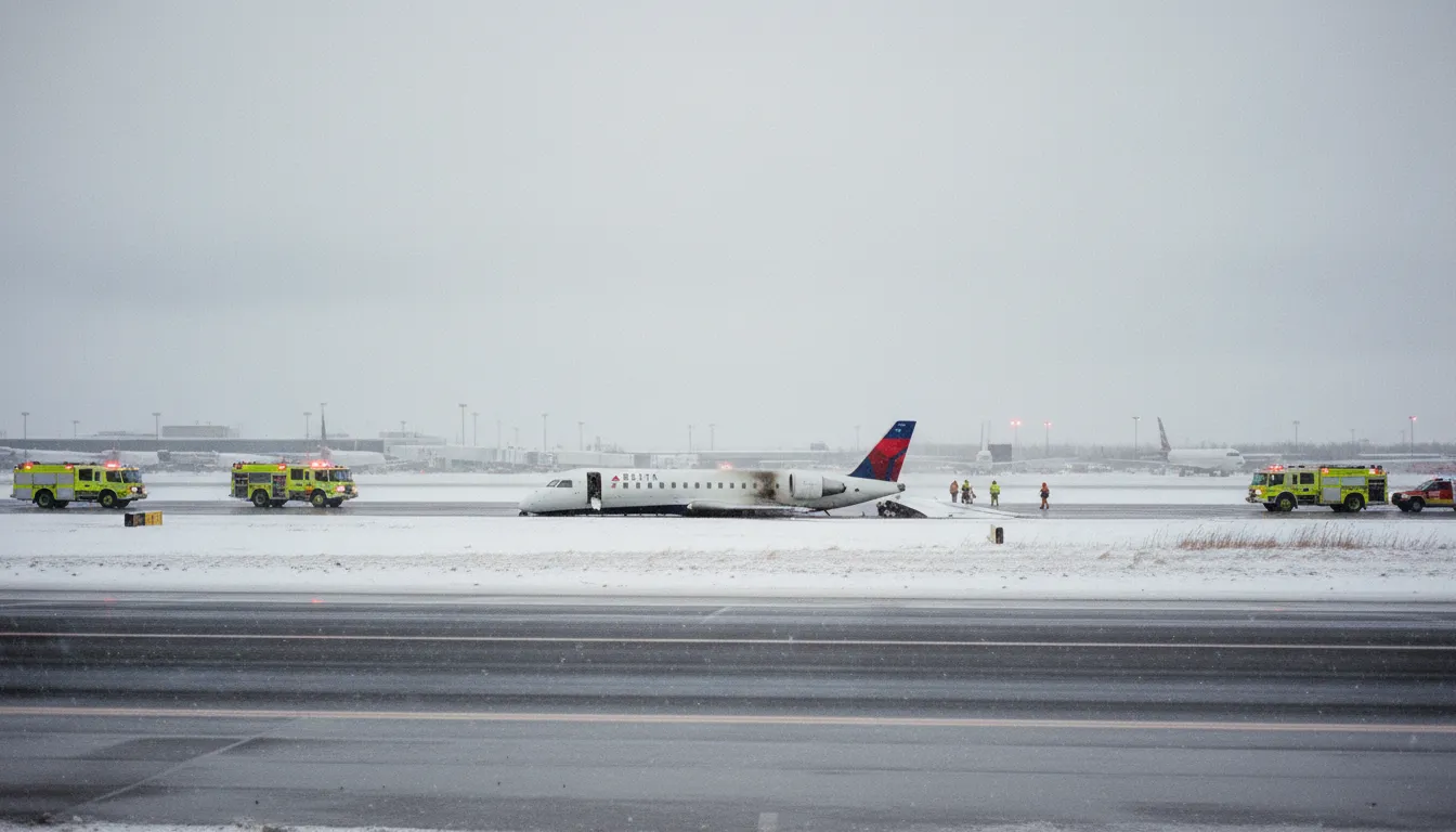 A realistic photo of the upside-down fuselage of a white and blue Bombardier CRJ-900 regional jet on a snow-dusted airport runway, surrounded by flashing red and blue lights from fire trucks and emergency vehicles under an overcast winter sky.