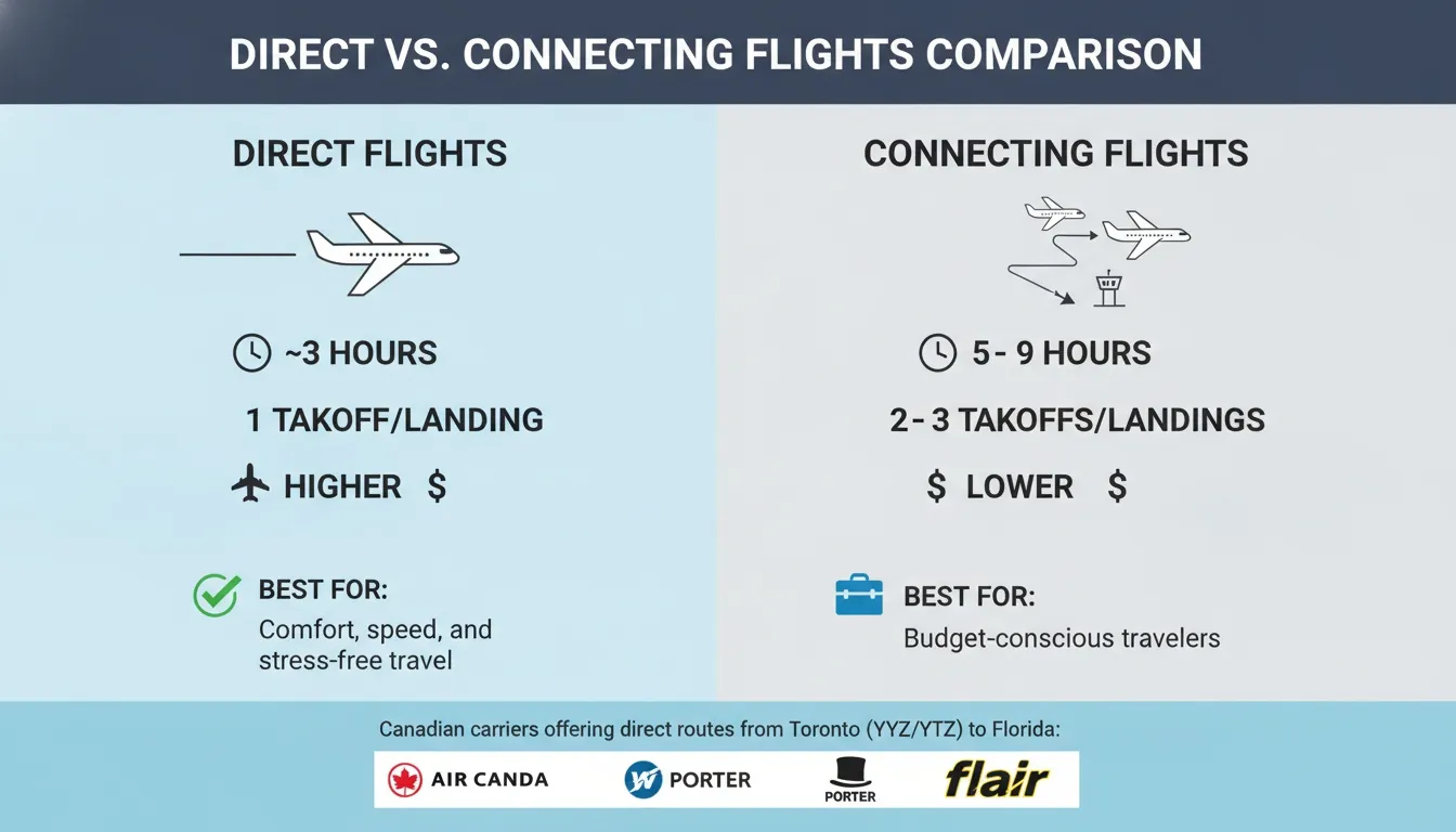 Infographic comparing direct and connecting flight durations, costs, and benefits for travelers in Toronto.
