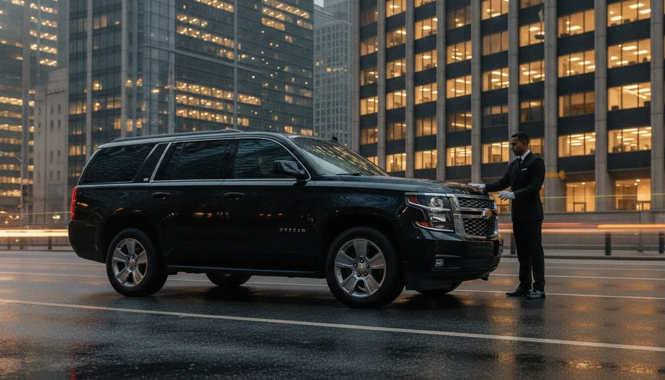 A professional chauffeur in a black suit standing beside a luxury black SUV on a wet Toronto street.