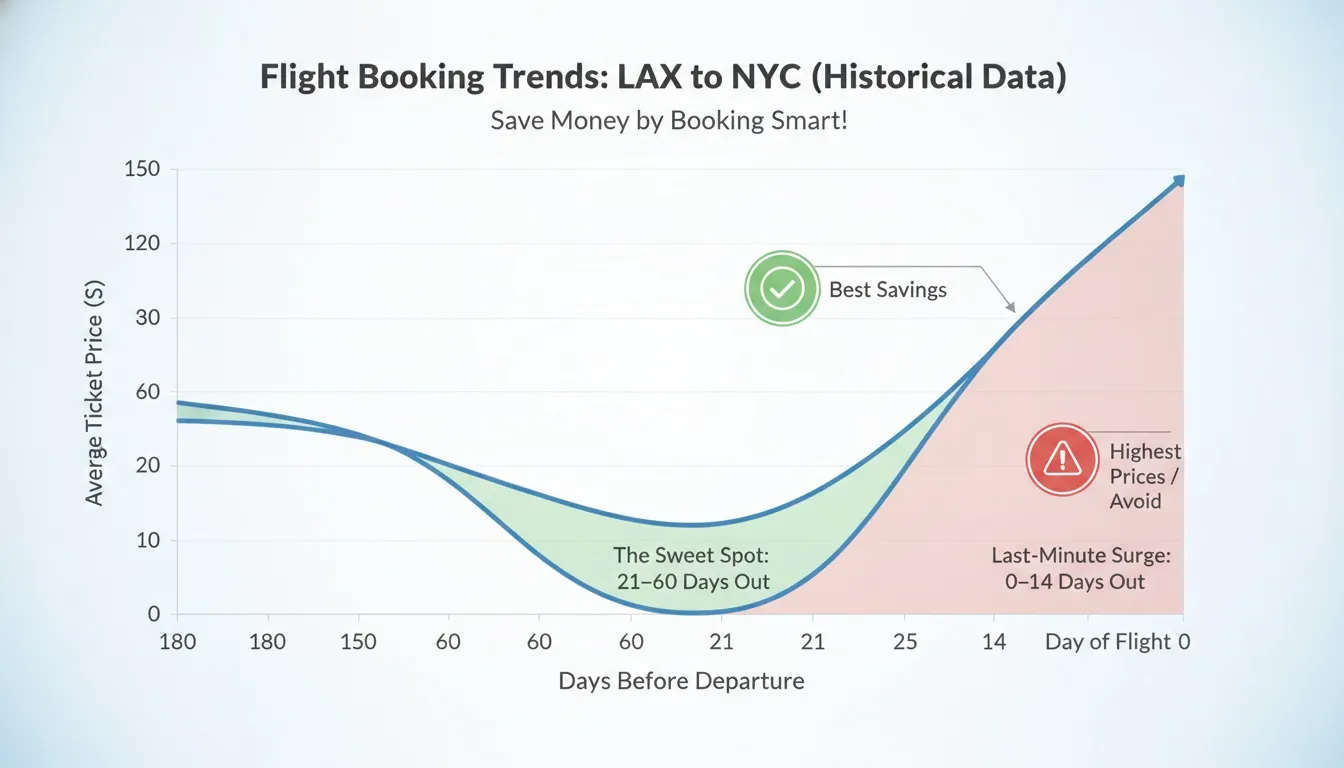 A digital infographic line chart displaying optimal flight booking days and ticket price trends for travelers.