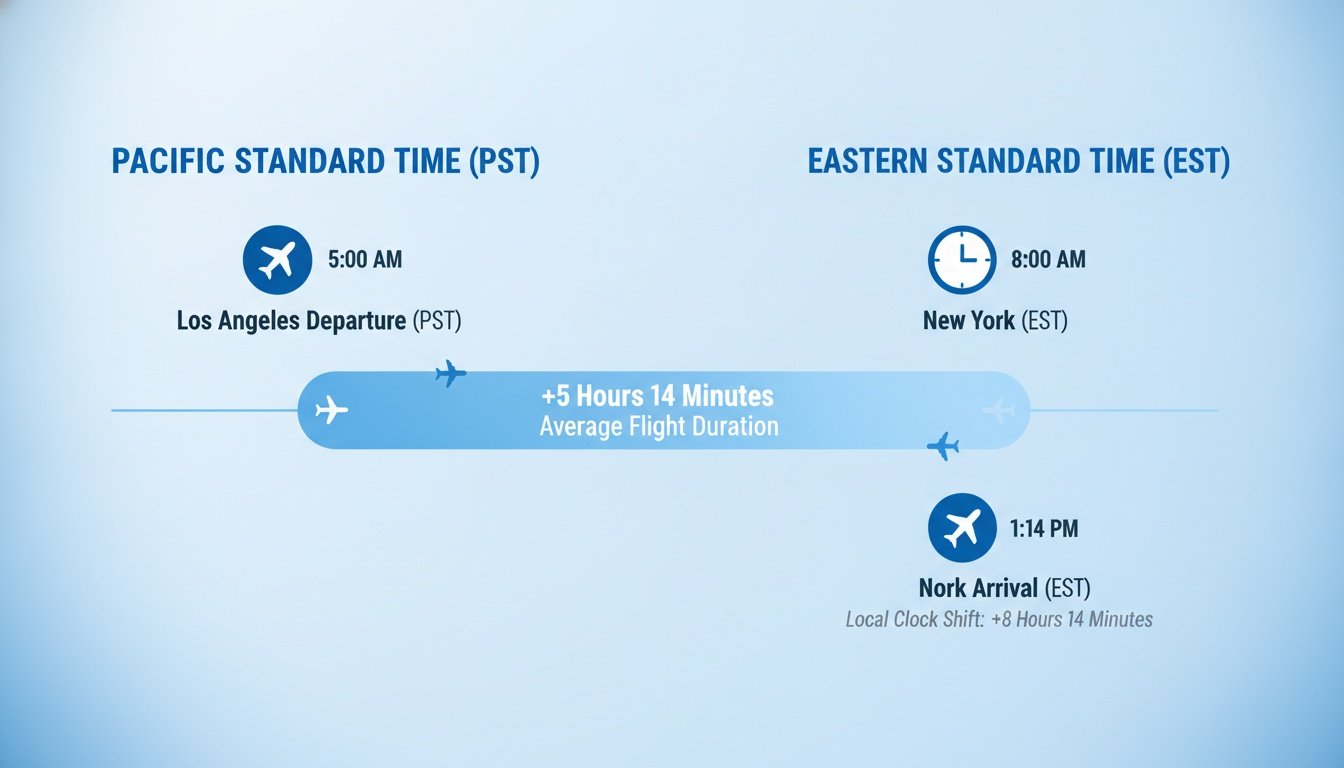 Infographic showing flight times between Los Angeles (PST) and New York (EST) with average flight duration details.