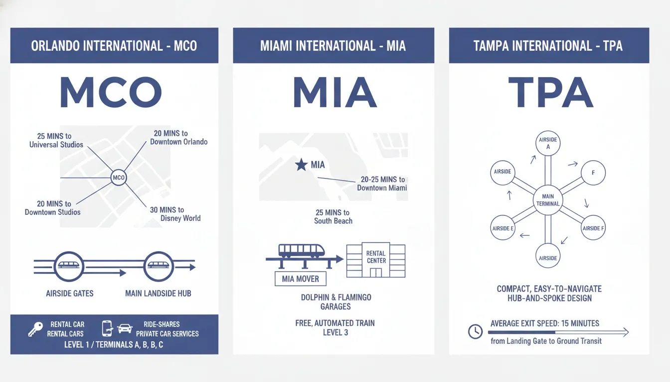 Infographic comparing transit times, layout, and terminals for MCO, MIA, and TPA international airports.