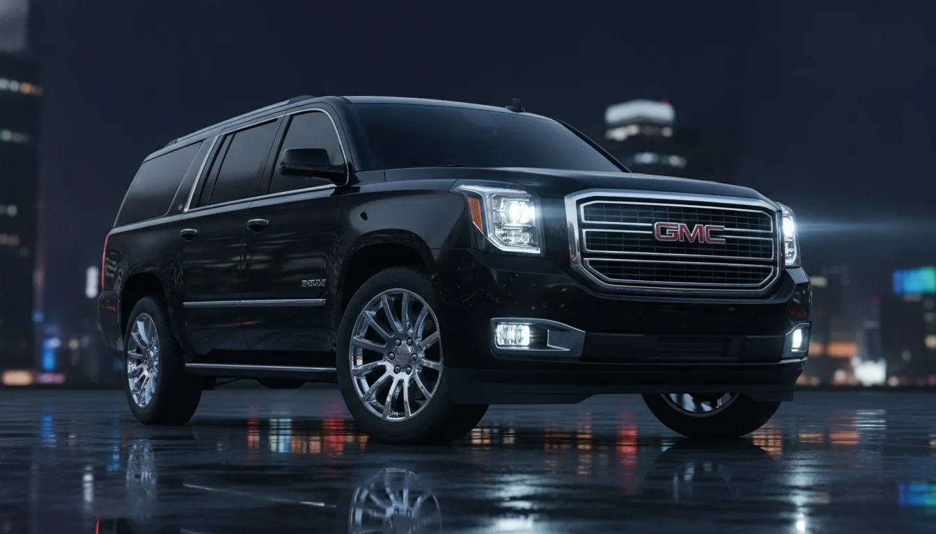 A black GMC Yukon XL luxury SUV parked at night on a wet street with headlights shining.