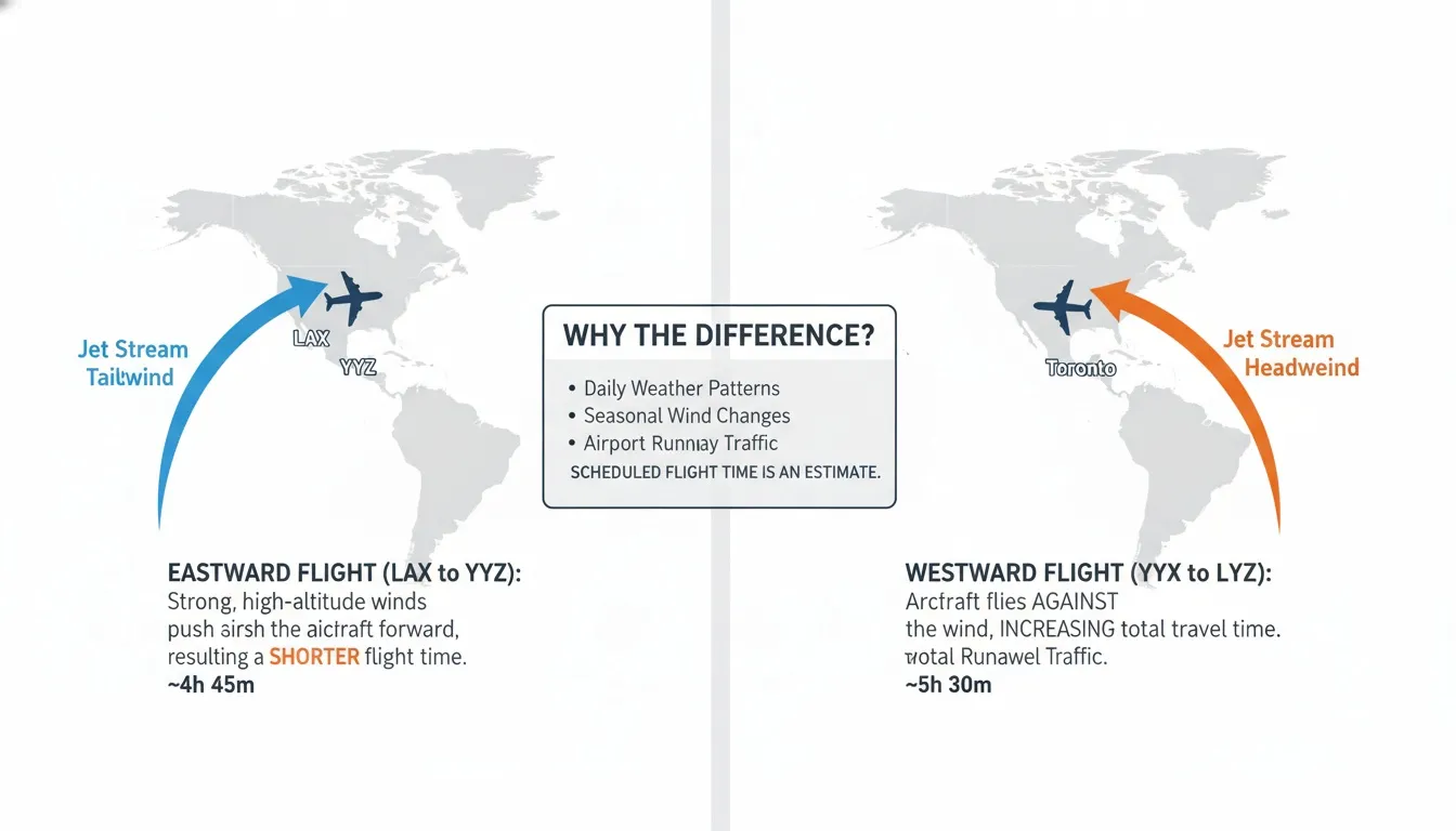 An infographic showing how jet stream tailwinds shorten eastward flights and headwinds lengthen westward flights.