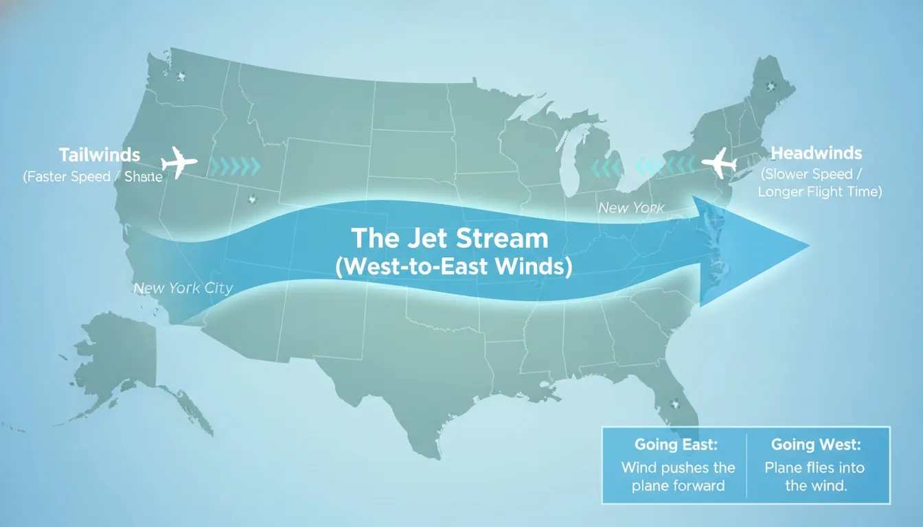 Map of North America illustrating the Jet Stream's west-to-east wind patterns affecting flight times and speeds.