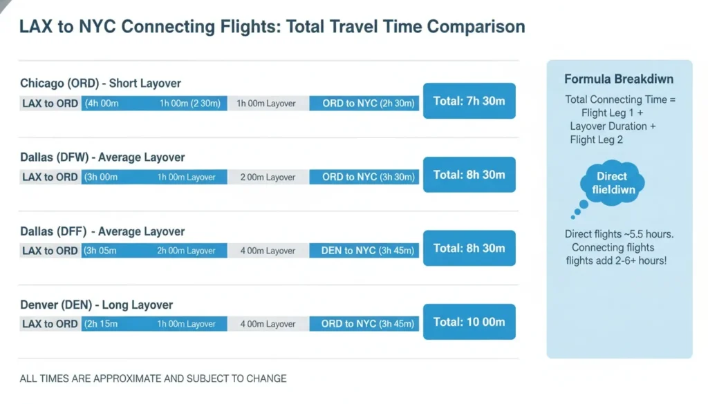 An infographic showing total travel time comparisons for connecting flights from LAX to NYC via Chicago, Dallas, and Denver.