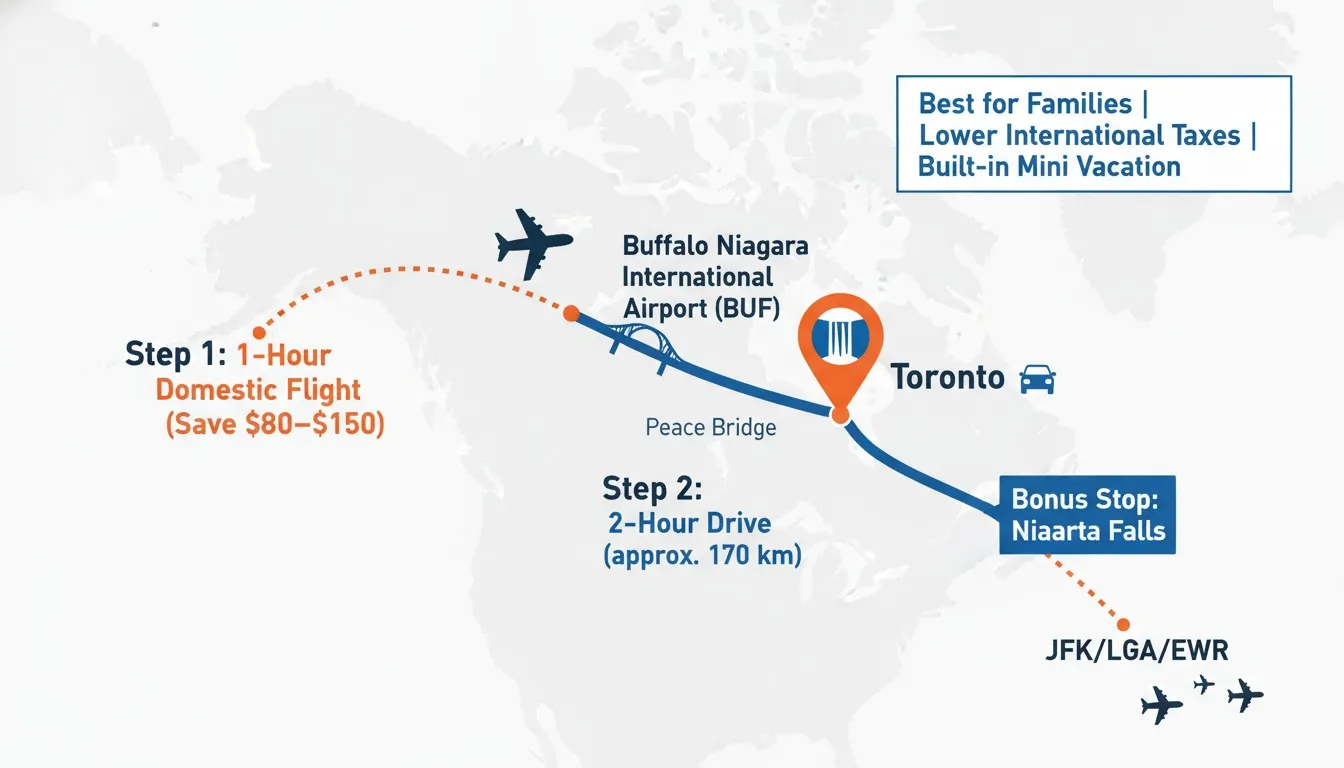 A travel route map from New York airports to Toronto via Buffalo Niagara International Airport and Peace Bridge.