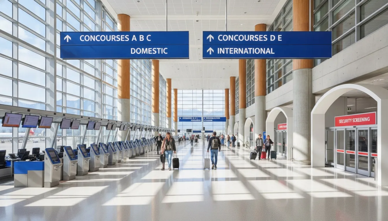 A modern airport terminal with signs directing passengers to domestic and international concourses and security screening.