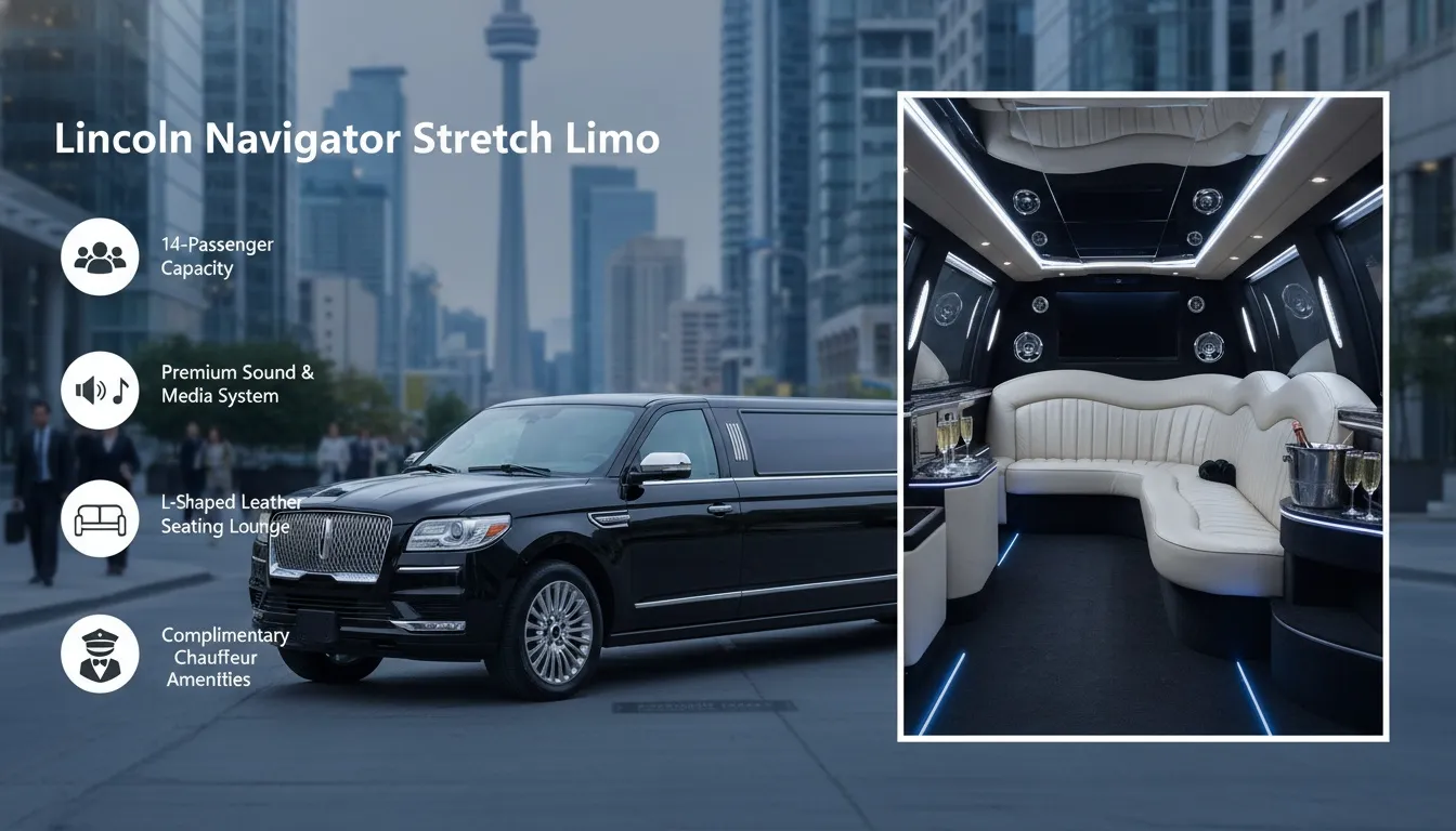 A black Lincoln Navigator stretch limo in downtown Toronto next to an inset photo of its luxury white interior.