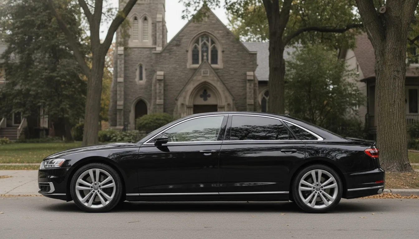 A sleek black luxury Audi sedan parked on the street in front of a historic stone church in Toronto.