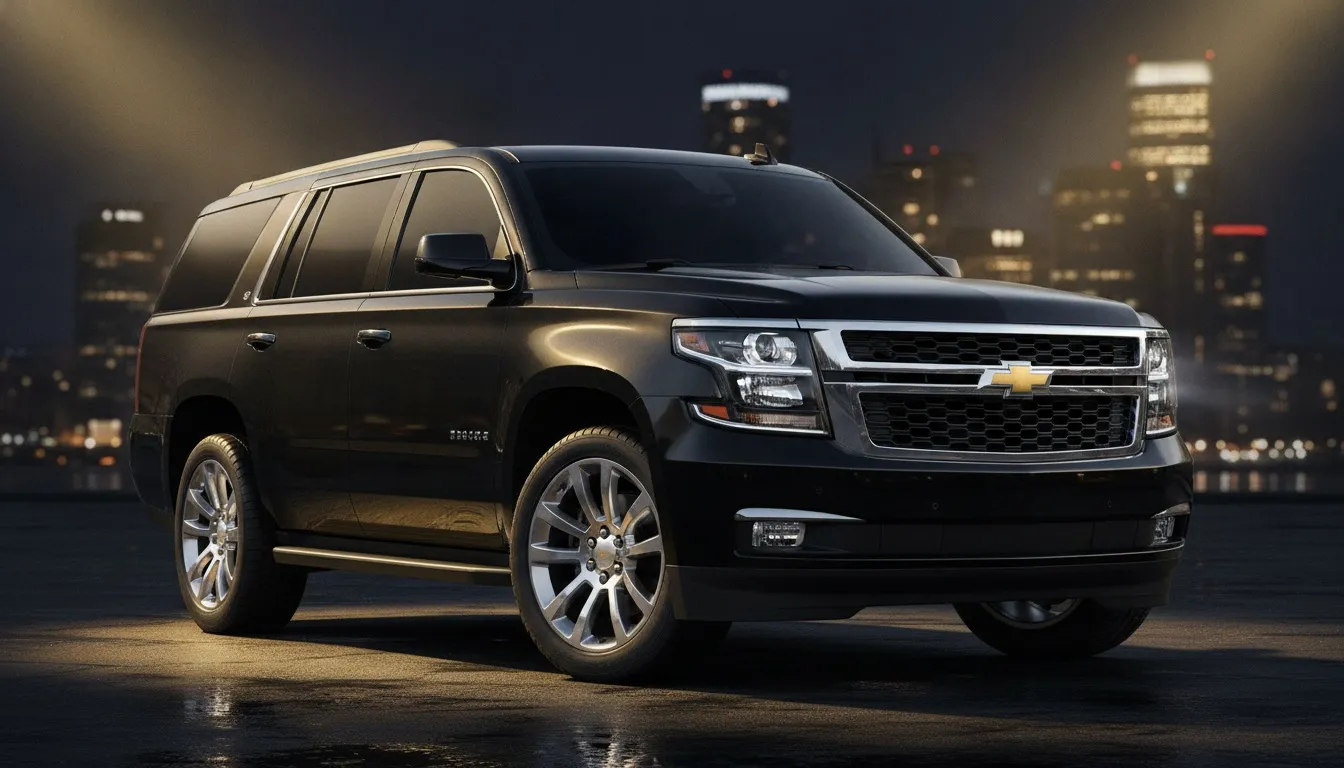 A sleek black Chevrolet Suburban luxury SUV parked at night with the glowing Toronto skyline in the background.