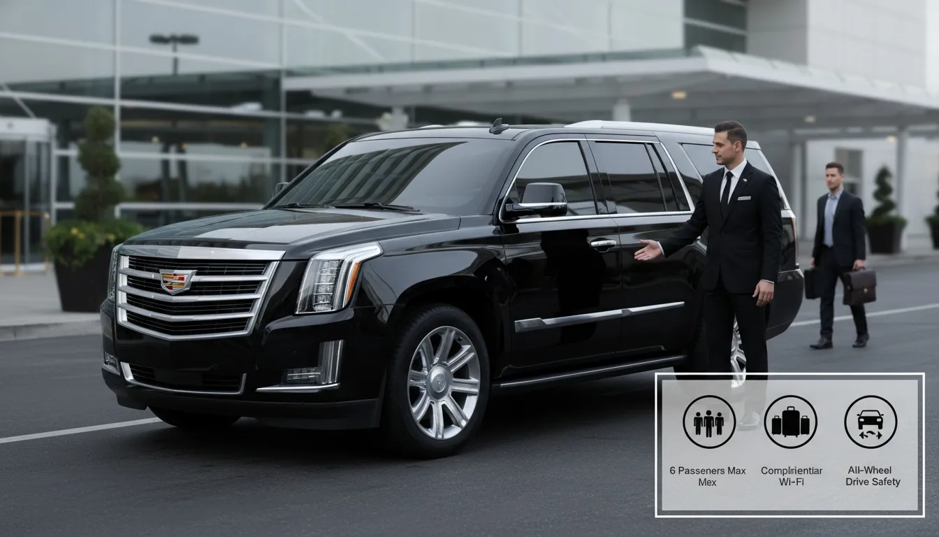 A professional chauffeur in a black suit gestures toward a premium black Cadillac SUV parked outside a terminal.