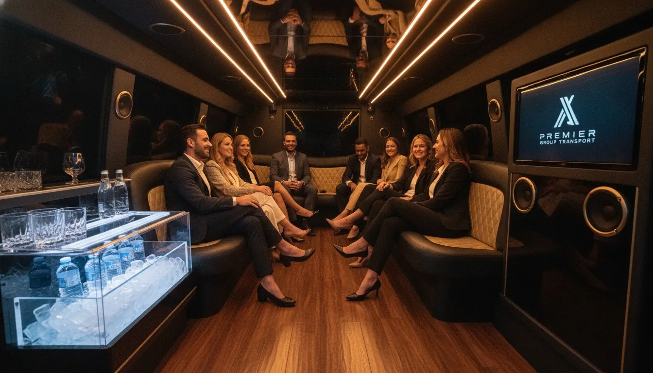 Business professionals enjoying a premium ride inside a luxury sprinter van with plush seating and an integrated bar.