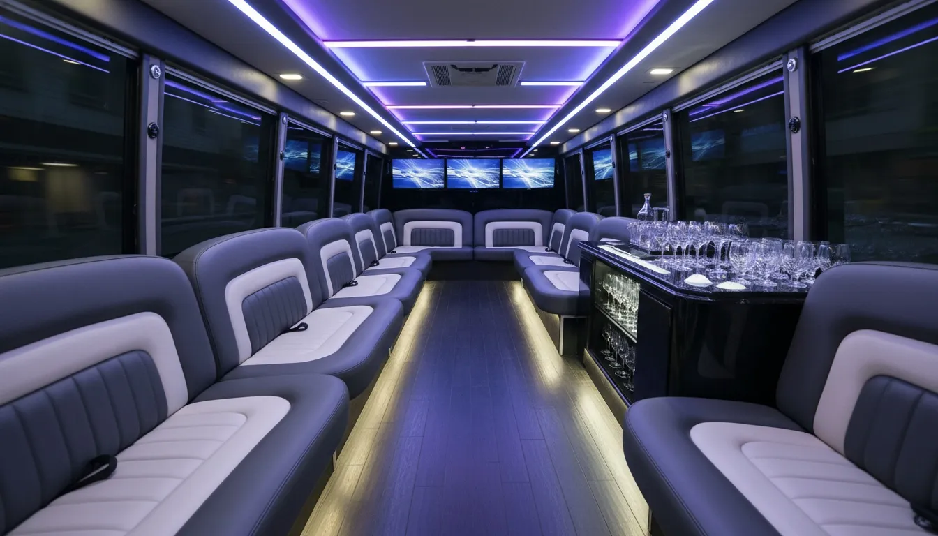 Interior of a premium party bus featuring leather wrap-around seating, LED lighting, and a bar by Vip Airport Limo Service.