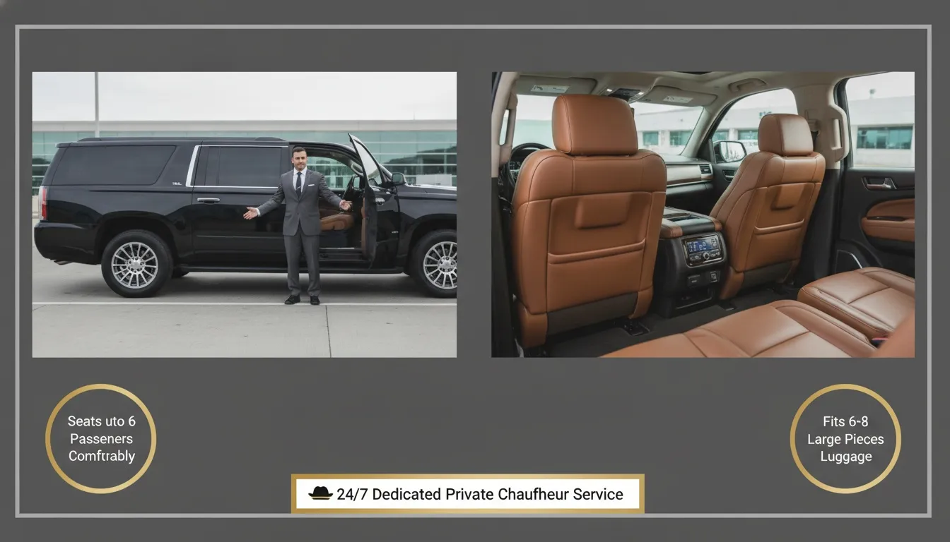 Black luxury SUV and chauffeur alongside a view of premium tan leather interior seats.