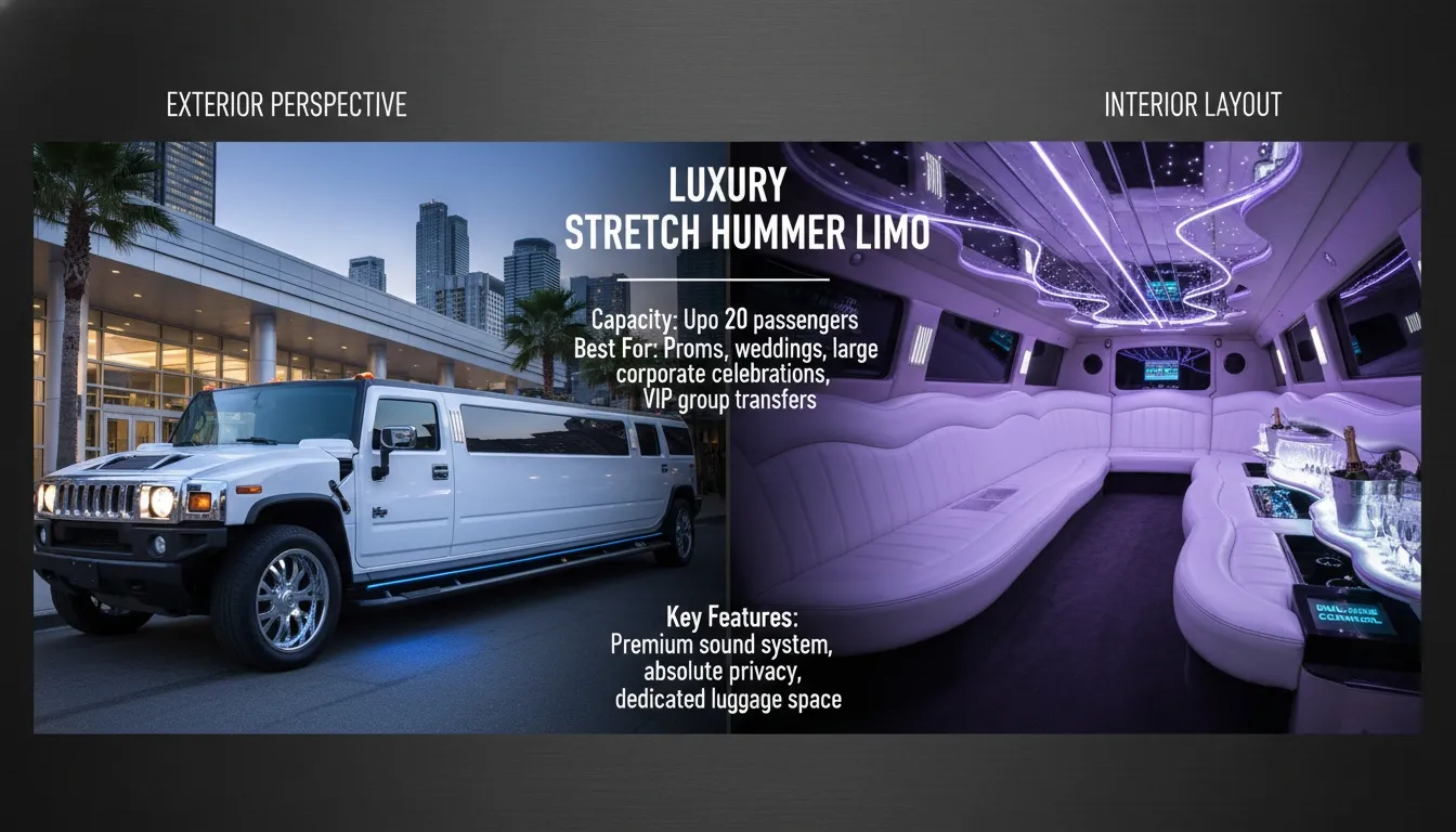 Exterior of a white stretch Hummer limo and its luxury purple-lit interior cabin with leather seating.