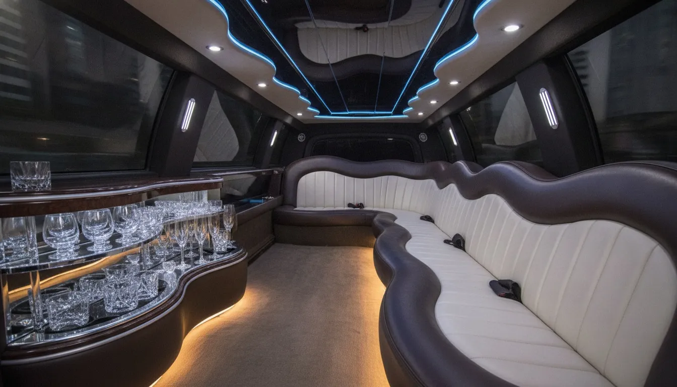 Interior of a luxury stretch limousine with wavy leather seating, an illuminated bar, and blue neon ceiling lights.