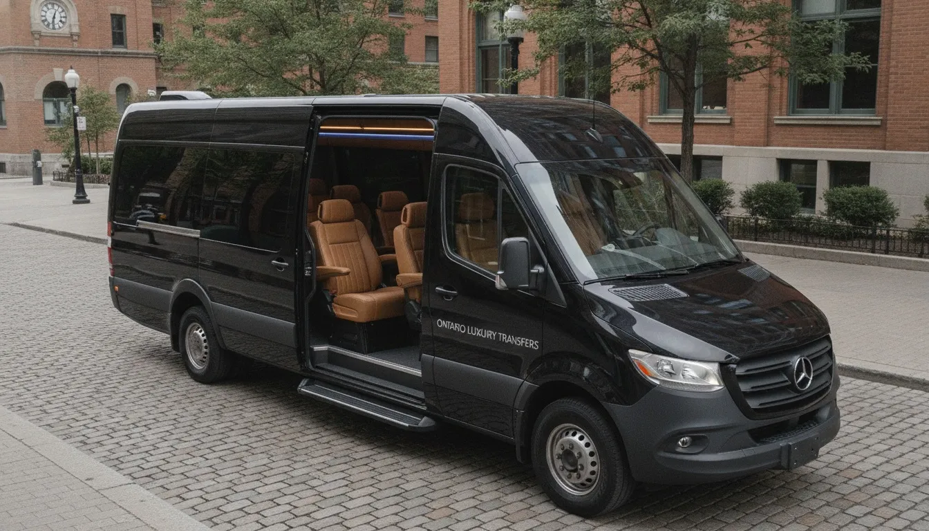 A black Mercedes-Benz Sprinter luxury van with open doors revealing tan leather seats on a cobblestone Toronto street.