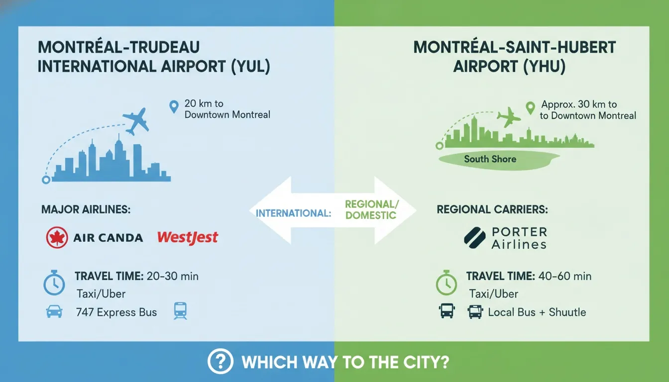 An infographic comparing Montreal-Trudeau (YUL) and Montreal-Saint-Hubert (YHU) airports' airlines and transit options.