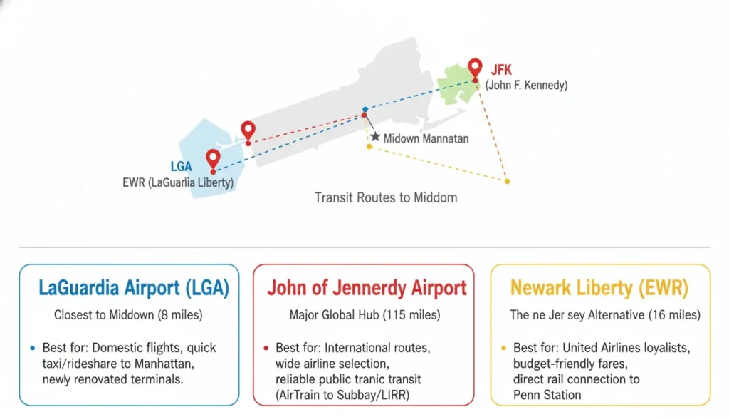 Map infographic comparing transit routes, distances, and details for LGA, JFK, and EWR airports.