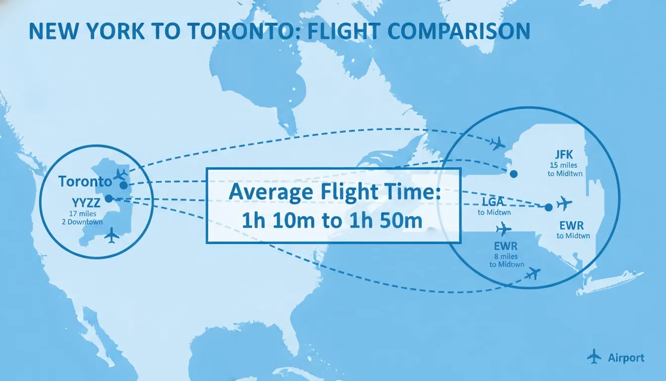 An infographic map displaying flight times and airport connections between New York and Toronto YYZ.