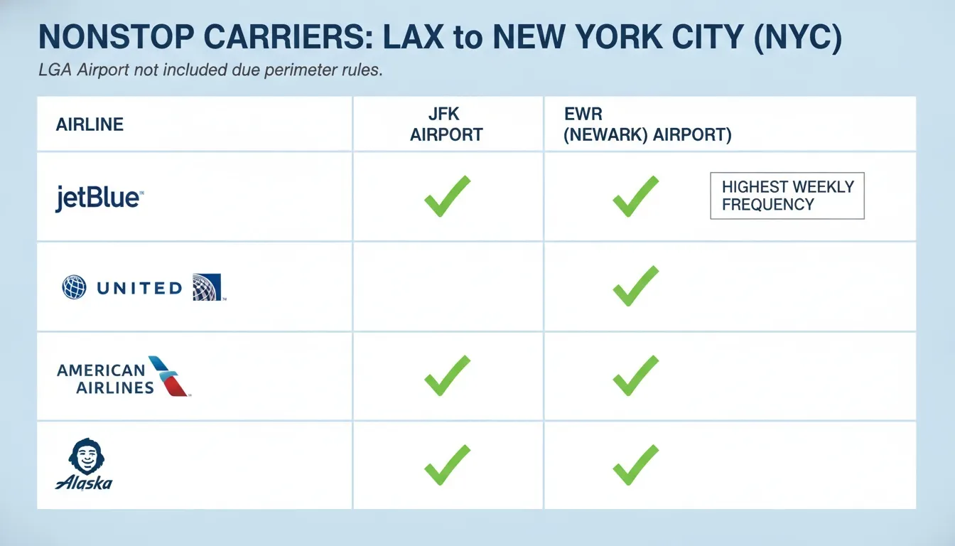 A clean table infographic displaying nonstop flight carriers from LAX to NYC airports JFK and EWR.