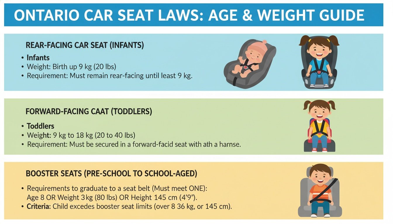 Infographic showing Ontario car seat safety laws categorized by age, weight, and height guidelines.
